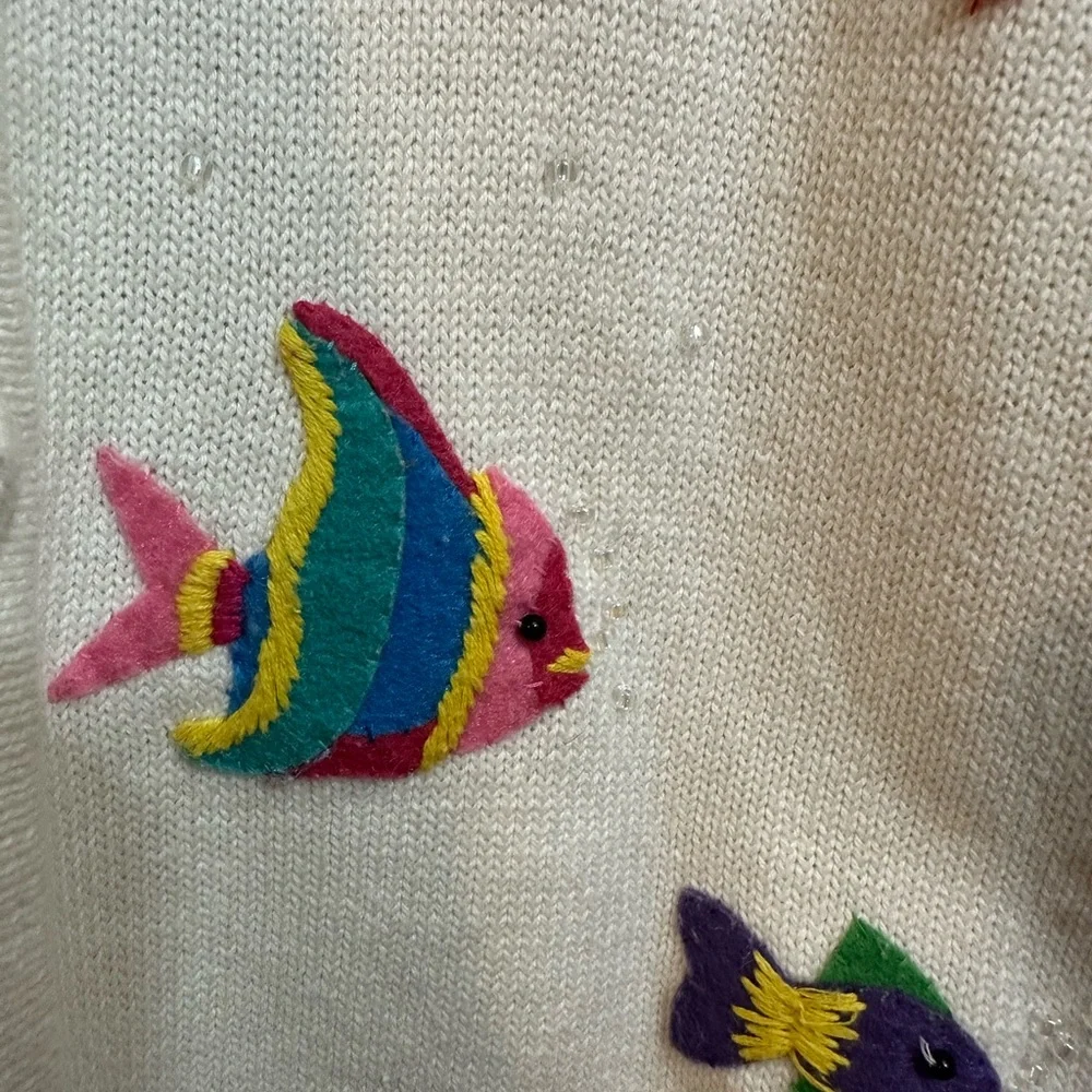 Vintage 90’s Talbots Colorful Fish Cardigan Knit Sweater Size Medium - Picture 3 of 11